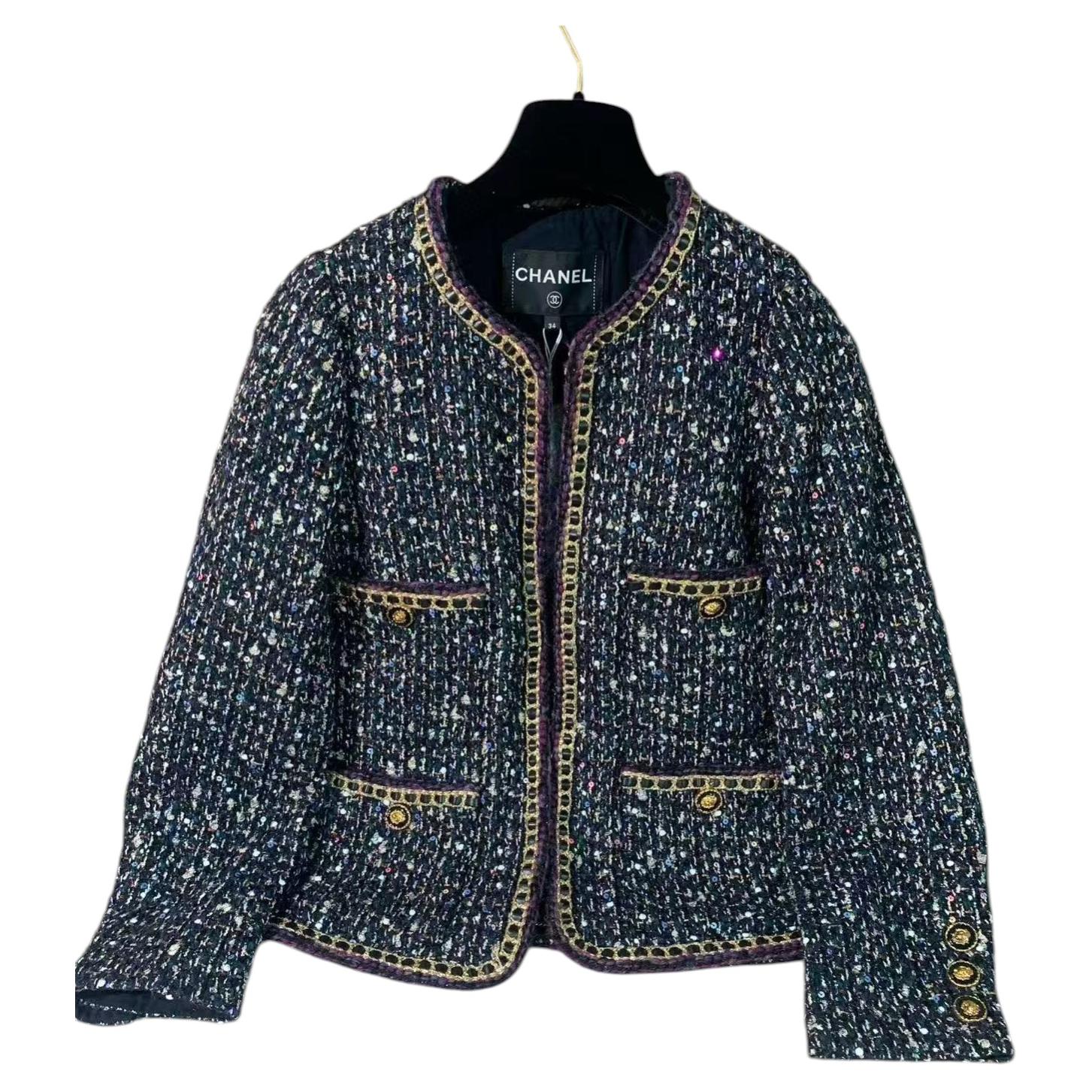 Chanel 21A Le Château des Dames Multicolor Sequin Tweed Chain Trim Jacket