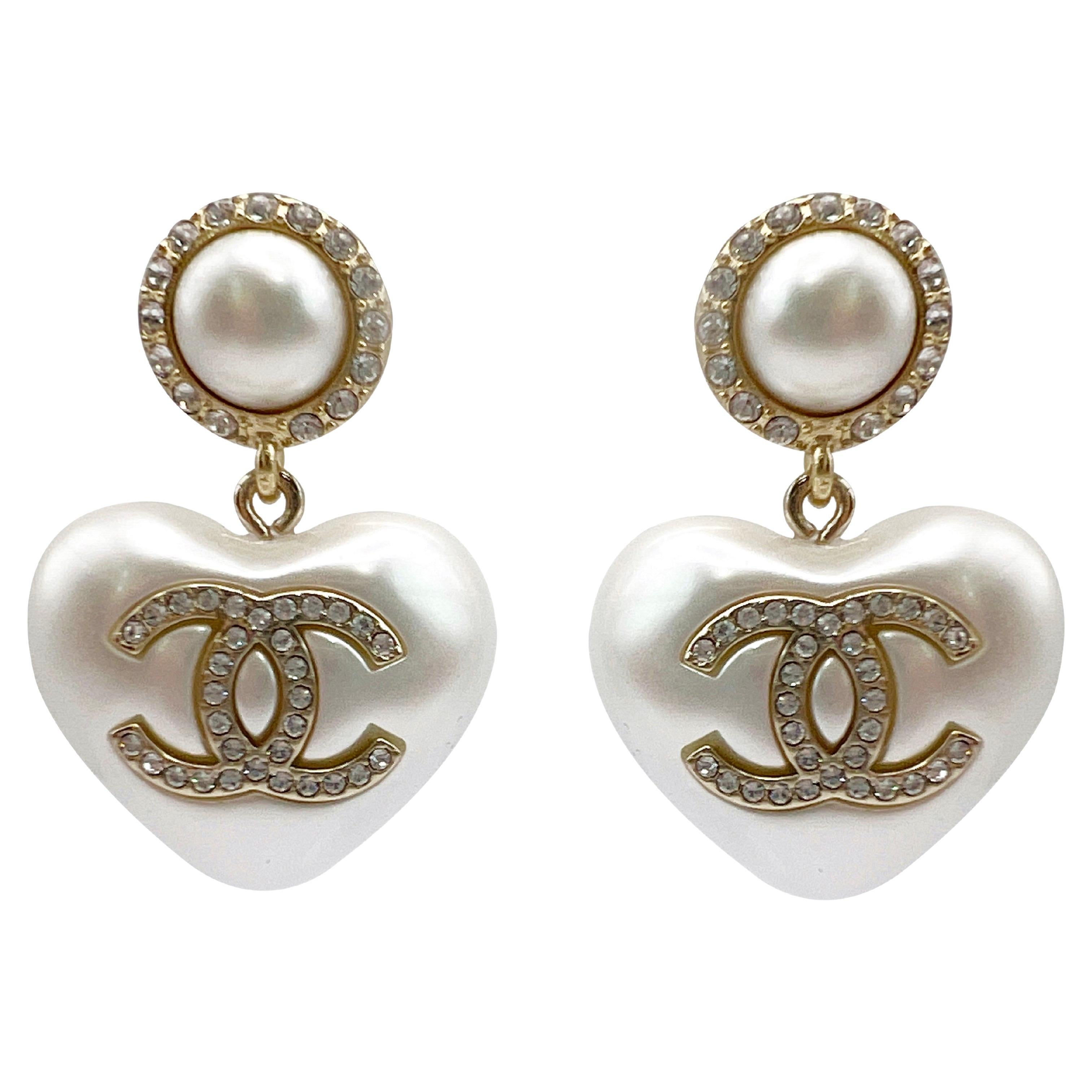 Chanel 21S XL Gold Pearl Metal CC Logo Large Dangle Drop Statement Earrings