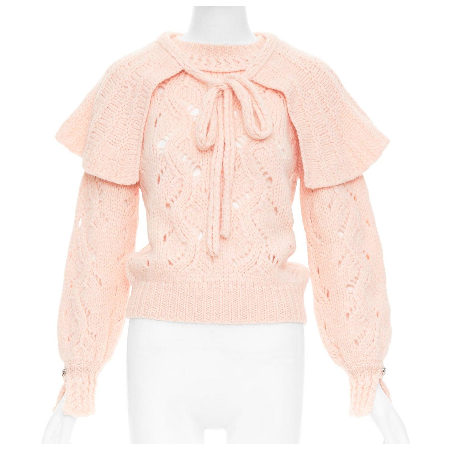 CHANEL 21B rosa Wolle Alpaka Mischung Rüschen Capelet Pullover FR34 XS im Angebot