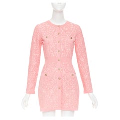 CHANEL 21C light pink embossed camelia boucle intarsia knit mini dress FR36 S