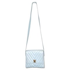 Vintage Chanel 21cm light blue chevron lambskin shoulder bag