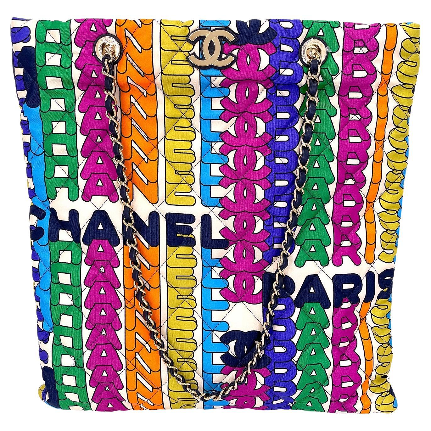 Chanel 21K Rainbow Letter Print NS Quilted Tote Bag GHW 68768 en vente