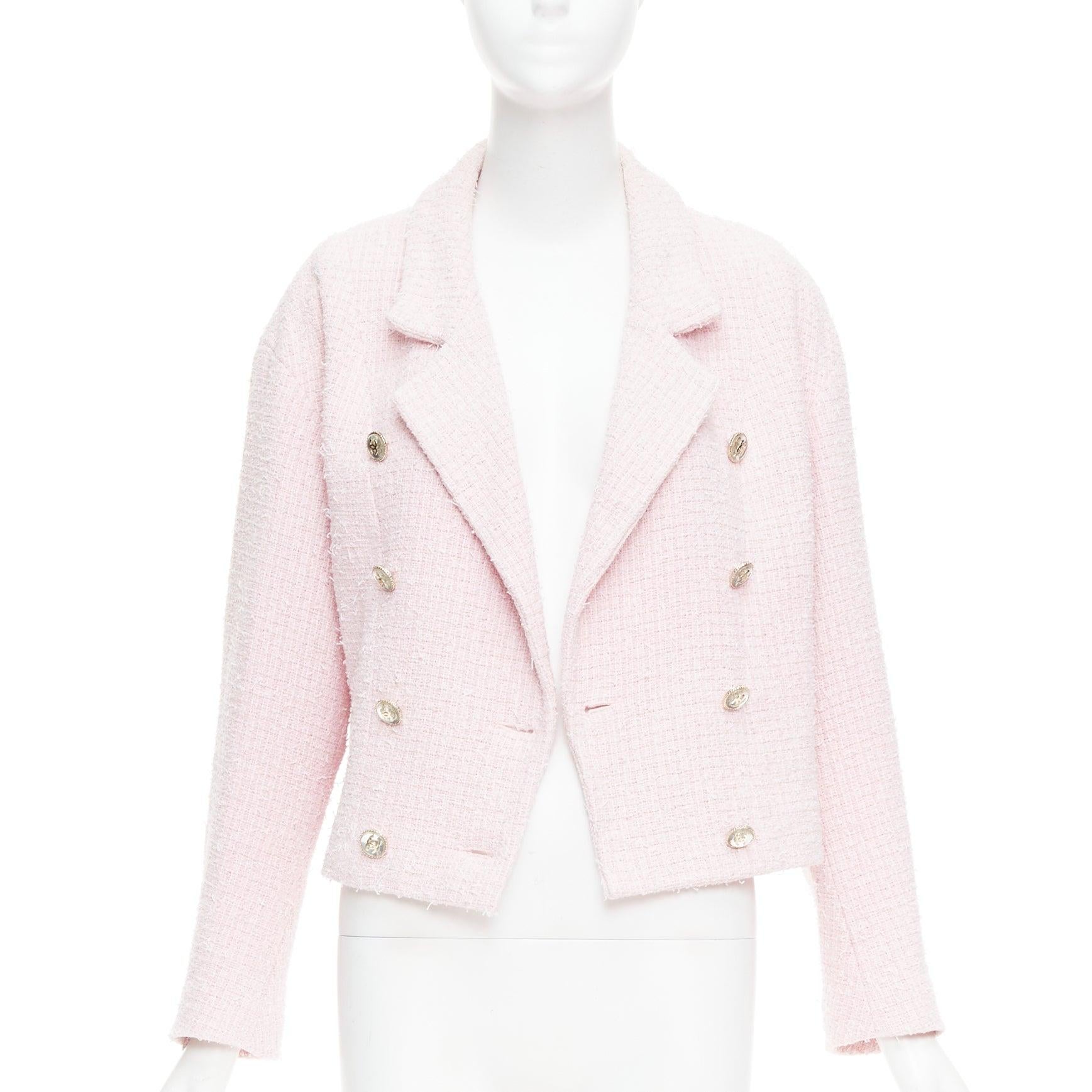 Grigio Chanel 21P rosa in tweed di cotone con bottoni CC doppiopetto FR38 M. in vendita