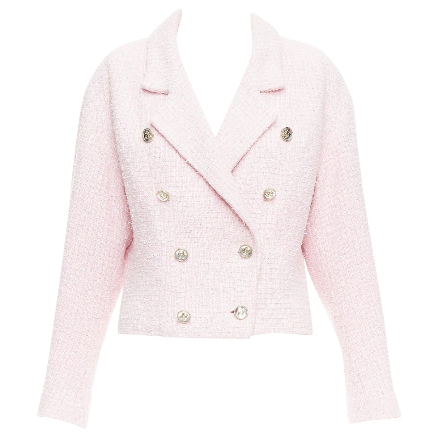 CHANEL 21P veste cropped en tweed de coton rose CC bouton double boutonnage FR38 M