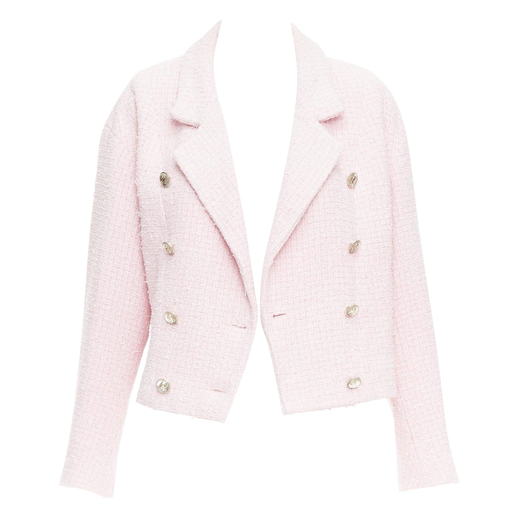 Chanel 21P rosa in tweed di cotone con bottoni CC doppiopetto FR38 M. in vendita