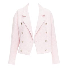 CHANEL 21P rosa algodón tweed CC botón doble pecho chaqueta cropped FR38 M
