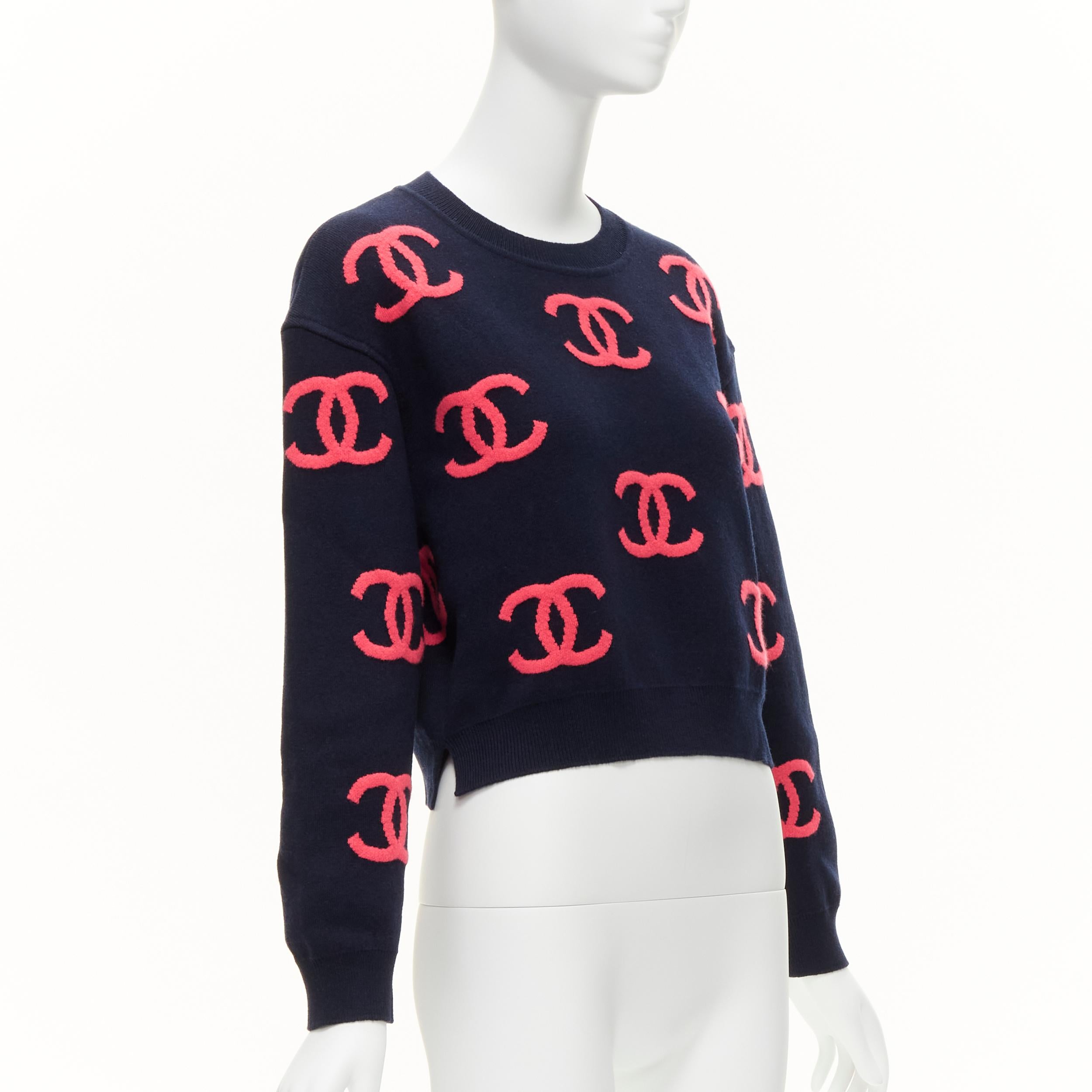Black CHANEL 21P pink navy CC logo intarsia cashmere blend cropped sweater FR38 M