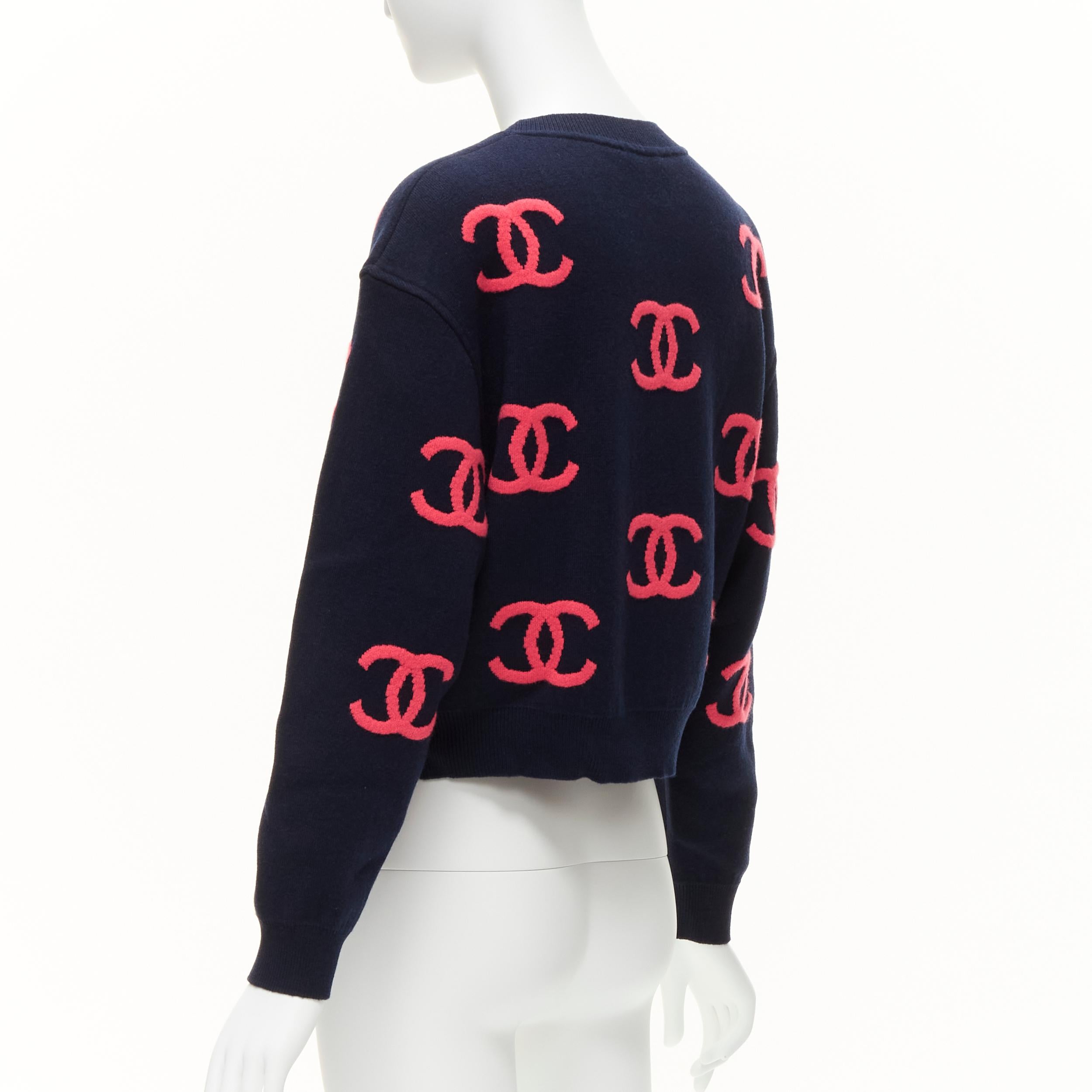 CHANEL 21P pink navy CC logo intarsia cashmere blend cropped sweater FR38 M 1