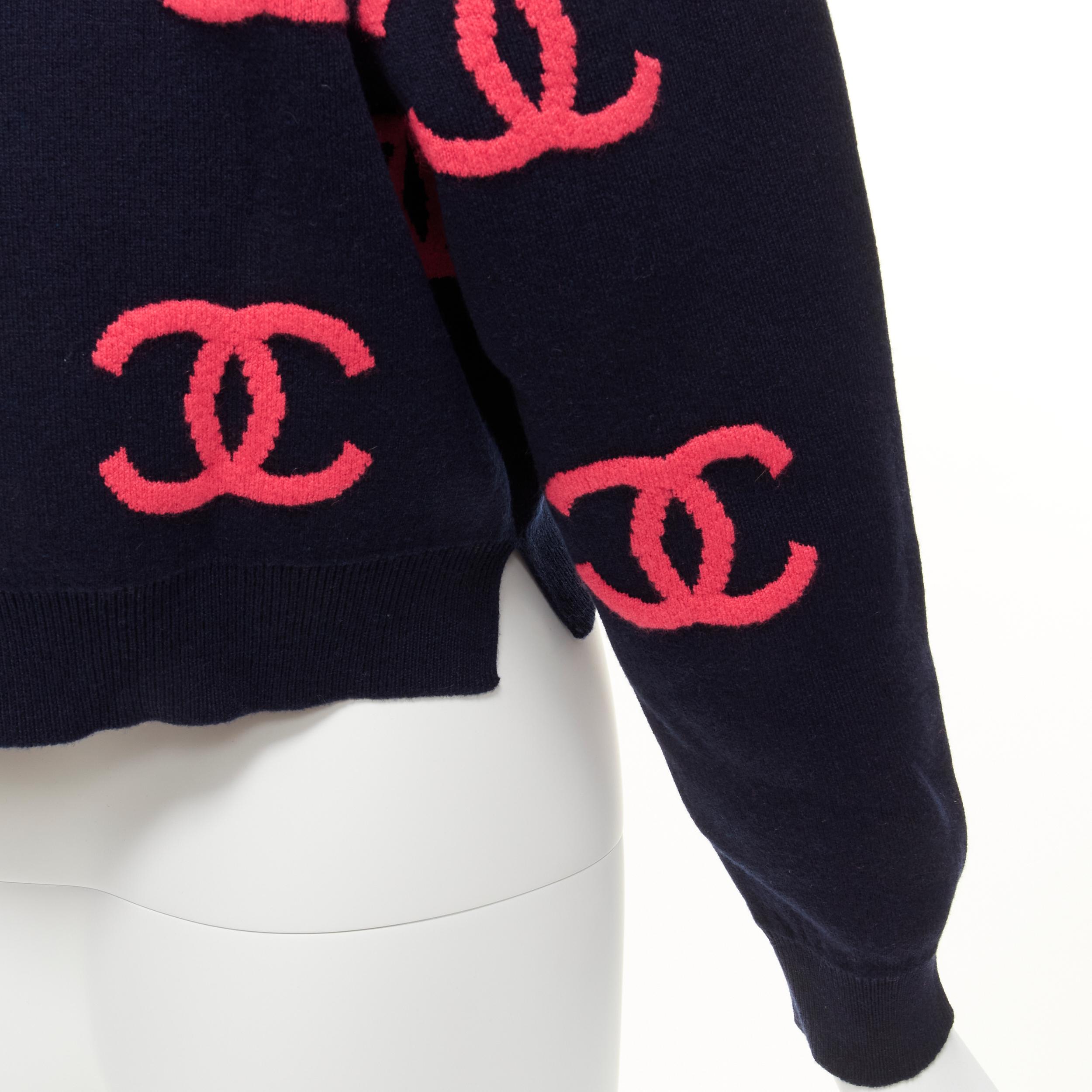 CHANEL 21P pink navy CC logo intarsia cashmere blend cropped sweater FR38 M 3