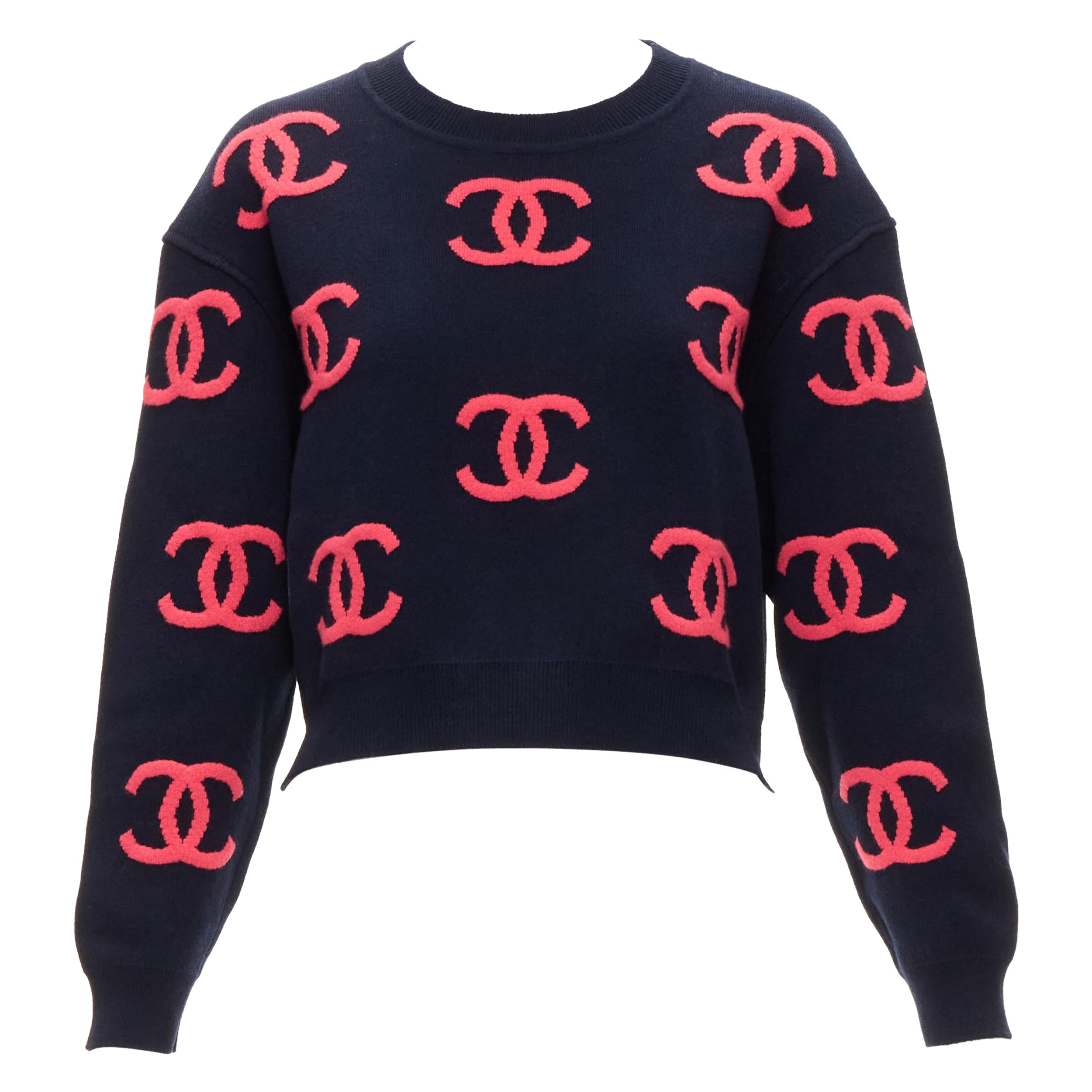CHANEL 21P pink navy CC logo intarsia cashmere blend cropped sweater FR38 M