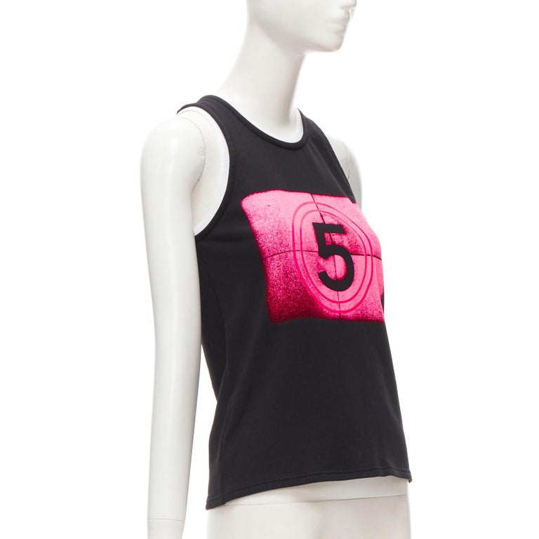 CHANEL 21S NO.5 neon green graphic black cotton white layered top FR34 XS