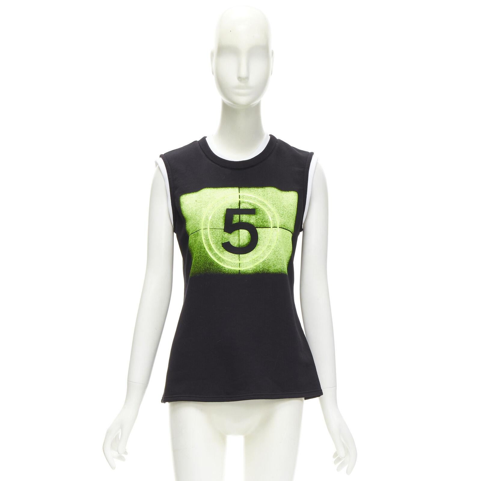 CHANEL 21S NO.5 neon green graphic black cotton white layered top FR34 XS 5