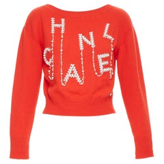 CHANEL 21S Runway 100% cashmere pearl crystal beads spell out cropped sweater XS