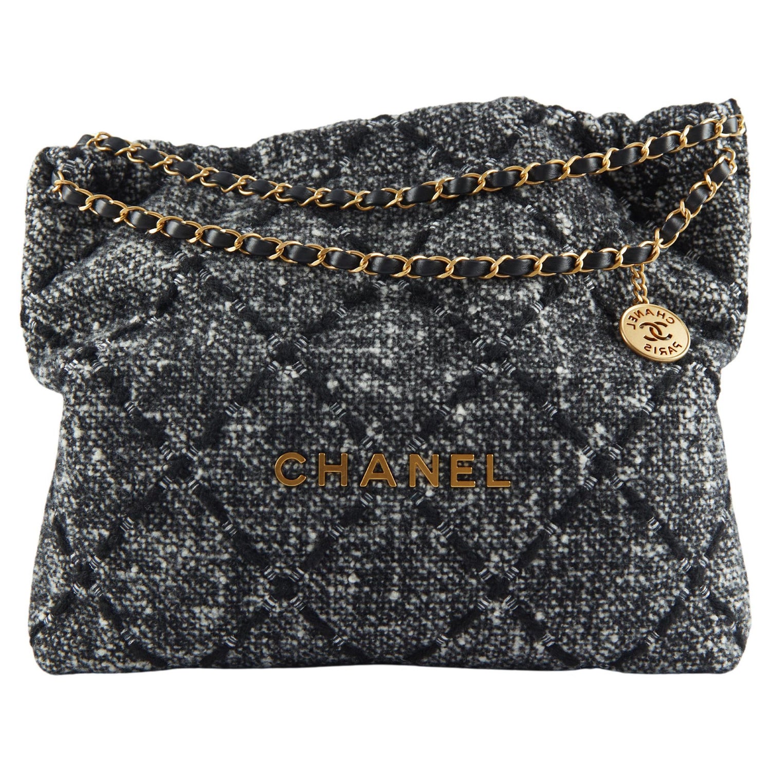 CHANEL 22 Handbag, Tweed Patchwork Gold-tone Metal, Black, Gray, Pink White  CHANEL