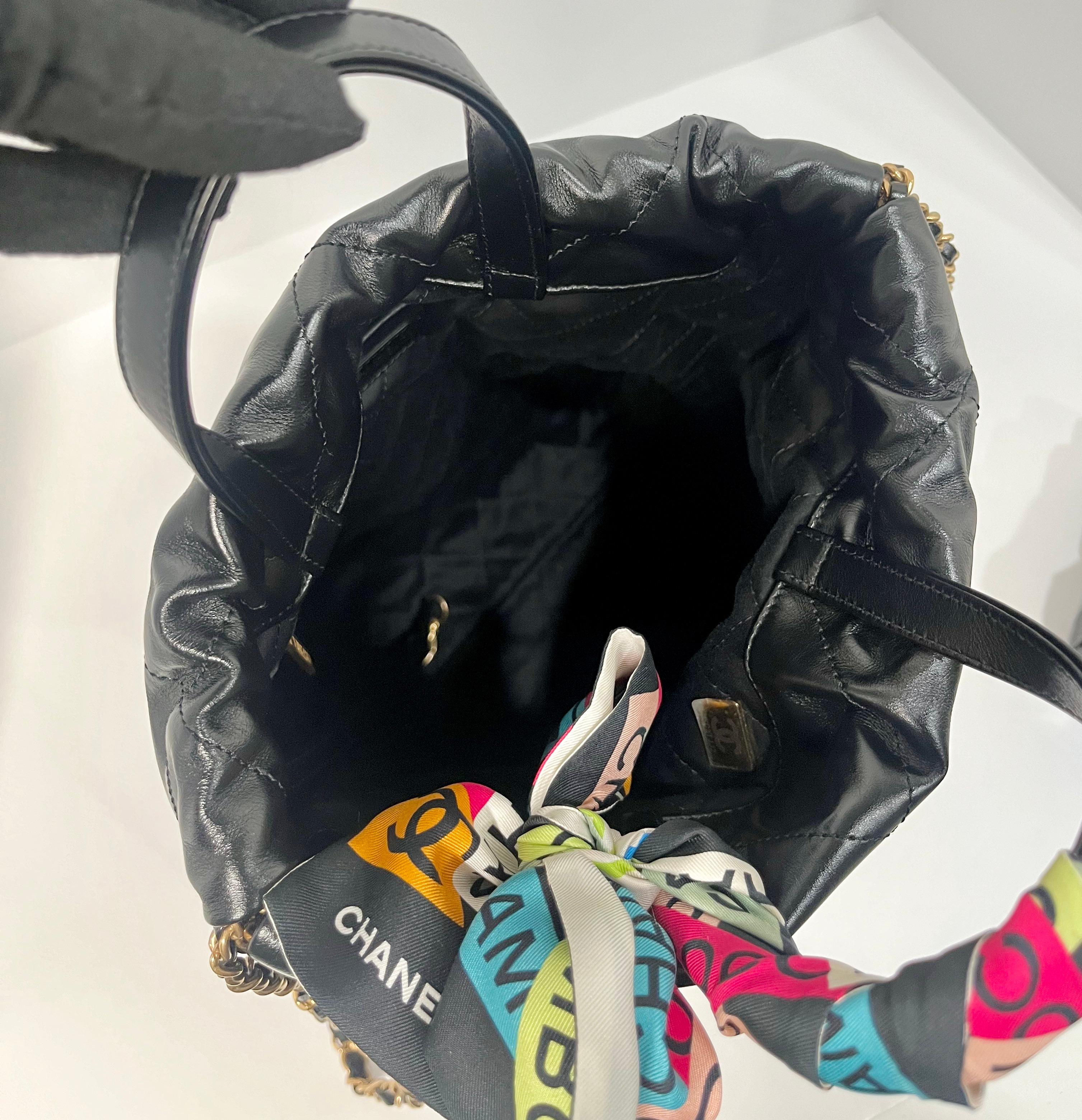 Chanel 22 Black Shiny Calfskin Backpack With Gold-Tone Hardware & Twill 6