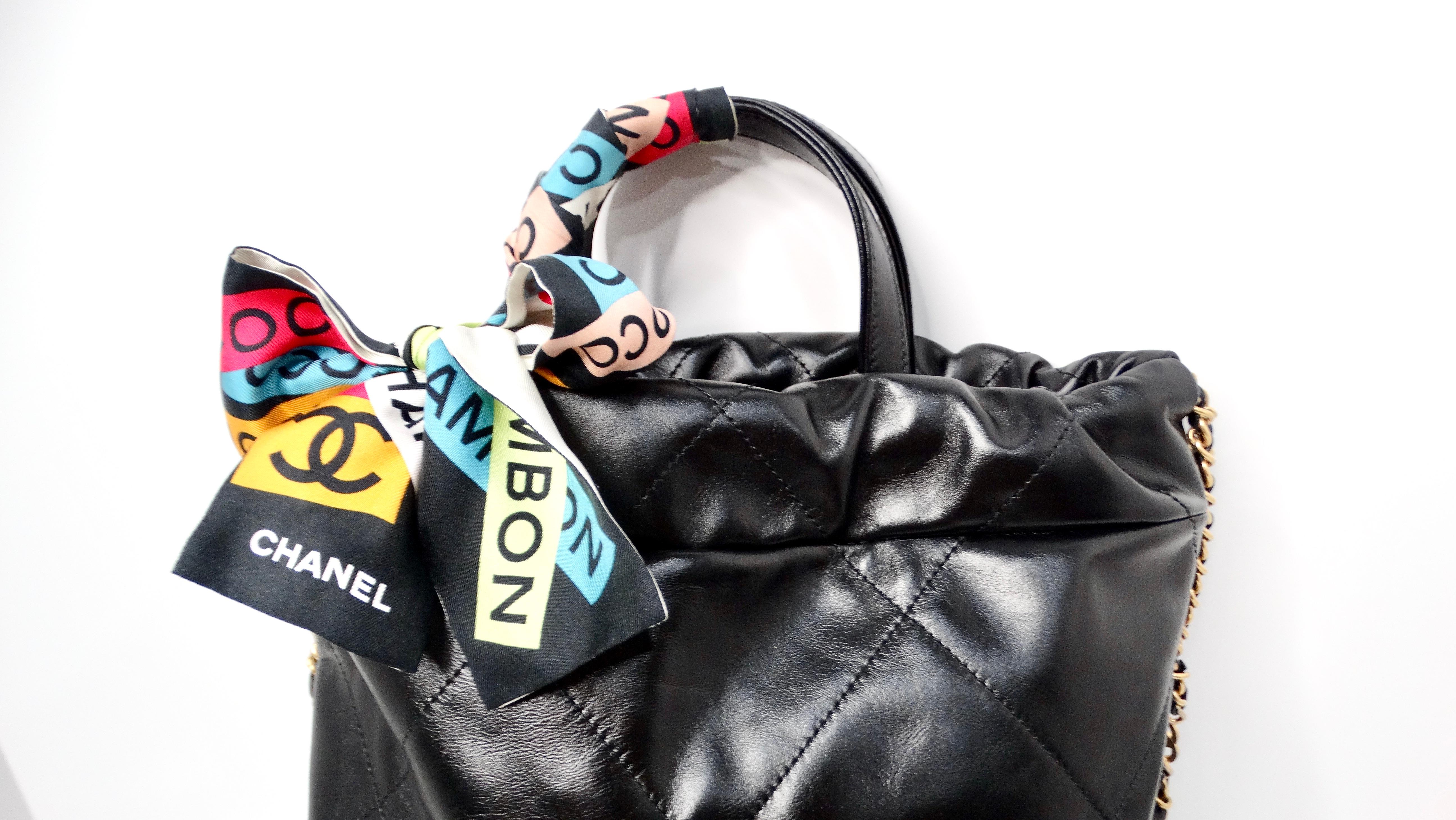 Chanel 22 Black Shiny Calfskin Backpack With Gold-Tone Hardware & Twill In Good Condition In Scottsdale, AZ