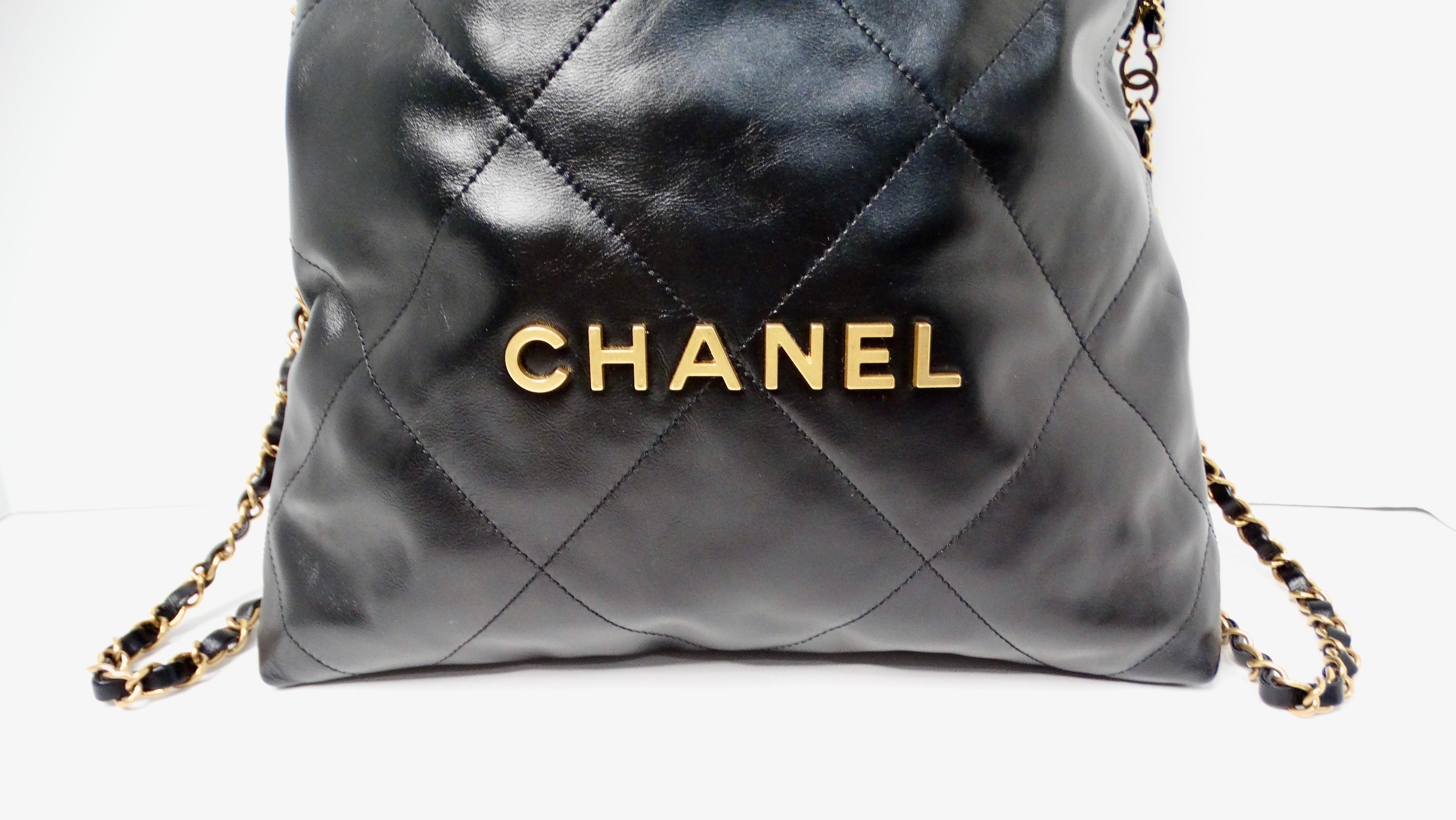 Women's Chanel 22 Black Shiny Calfskin Backpack With Gold-Tone Hardware & Twill