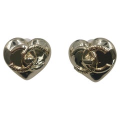 Chanel 22 CC Light Gold LARGE Massive Heart Logo Studs Earrings