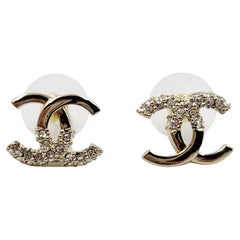 Chanel 22 CC Rhinestone Light Gold Logo Studs Earrings