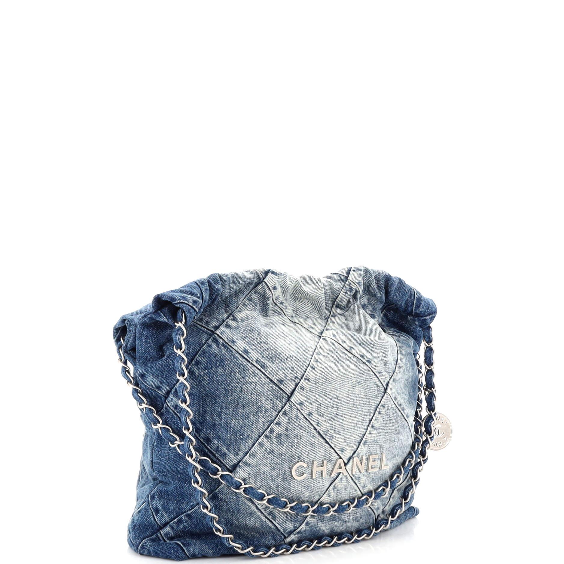Chanel 22 Chain Hobo Quilted Denim Small In Good Condition In NY, NY