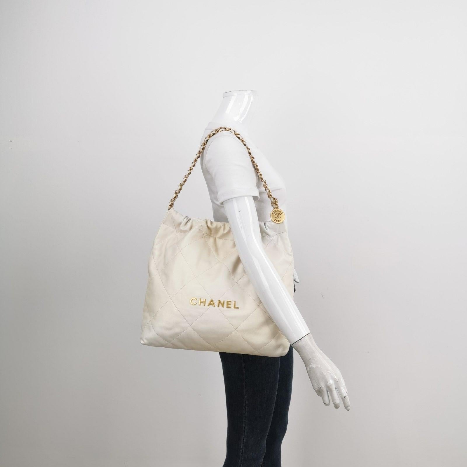 Chanel 22 Hobo Bag Medium Shiny Calfskin Leather White with Gold-tone Hardware 12