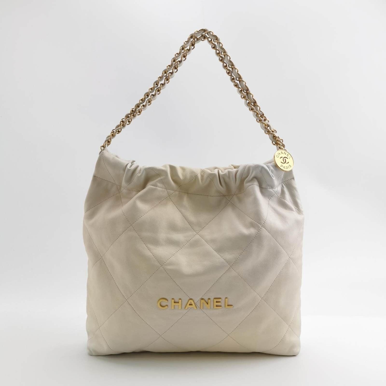 Chanel 22 Hobo Bag Medium Shiny Calfskin Leather White with Gold-tone Hardware 13