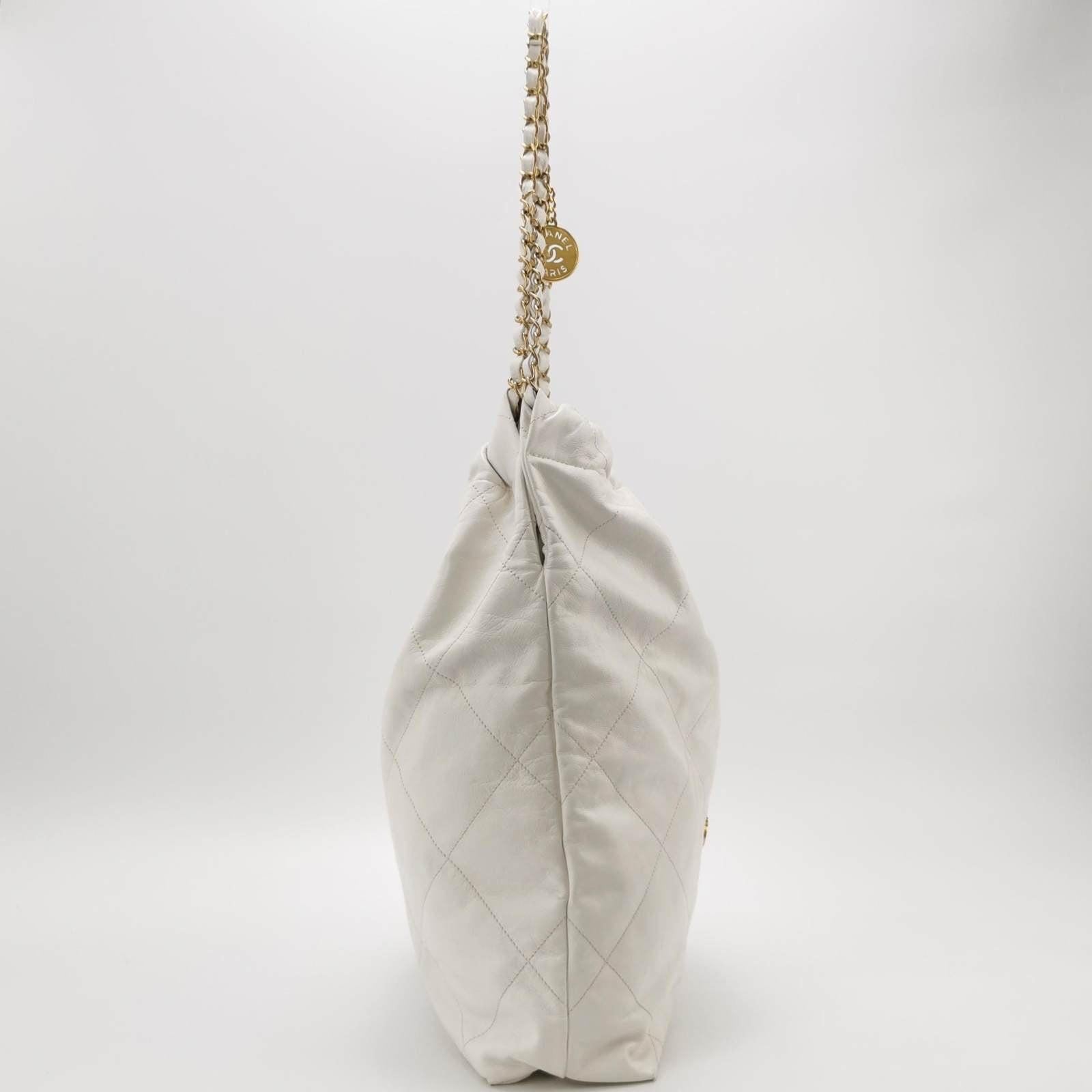 Women's Chanel 22 Hobo Bag Medium Shiny Calfskin Leather White with Gold-tone Hardware