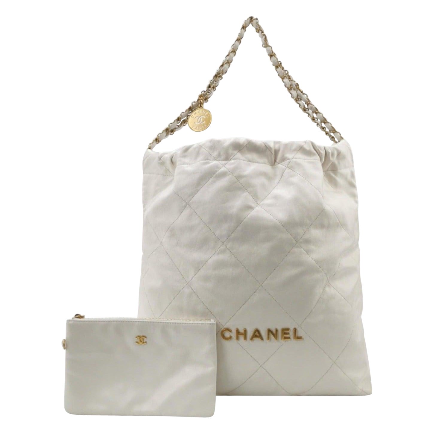 Chanel 22 Hobo Bag Medium Shiny Calfskin Leather White with Gold-tone Hardware