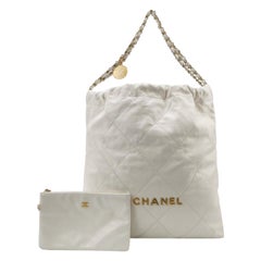 Chanel 22 Hobo Bag Medium Shiny Calfskin Leather White with Gold-tone Hardware