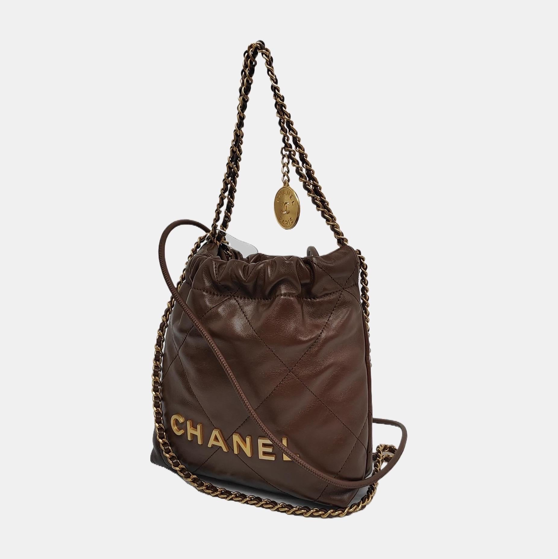 Black Chanel 22 Hobo Bag Mini Shiny Calfskin Leather Dark Chocolate Brown with GHW