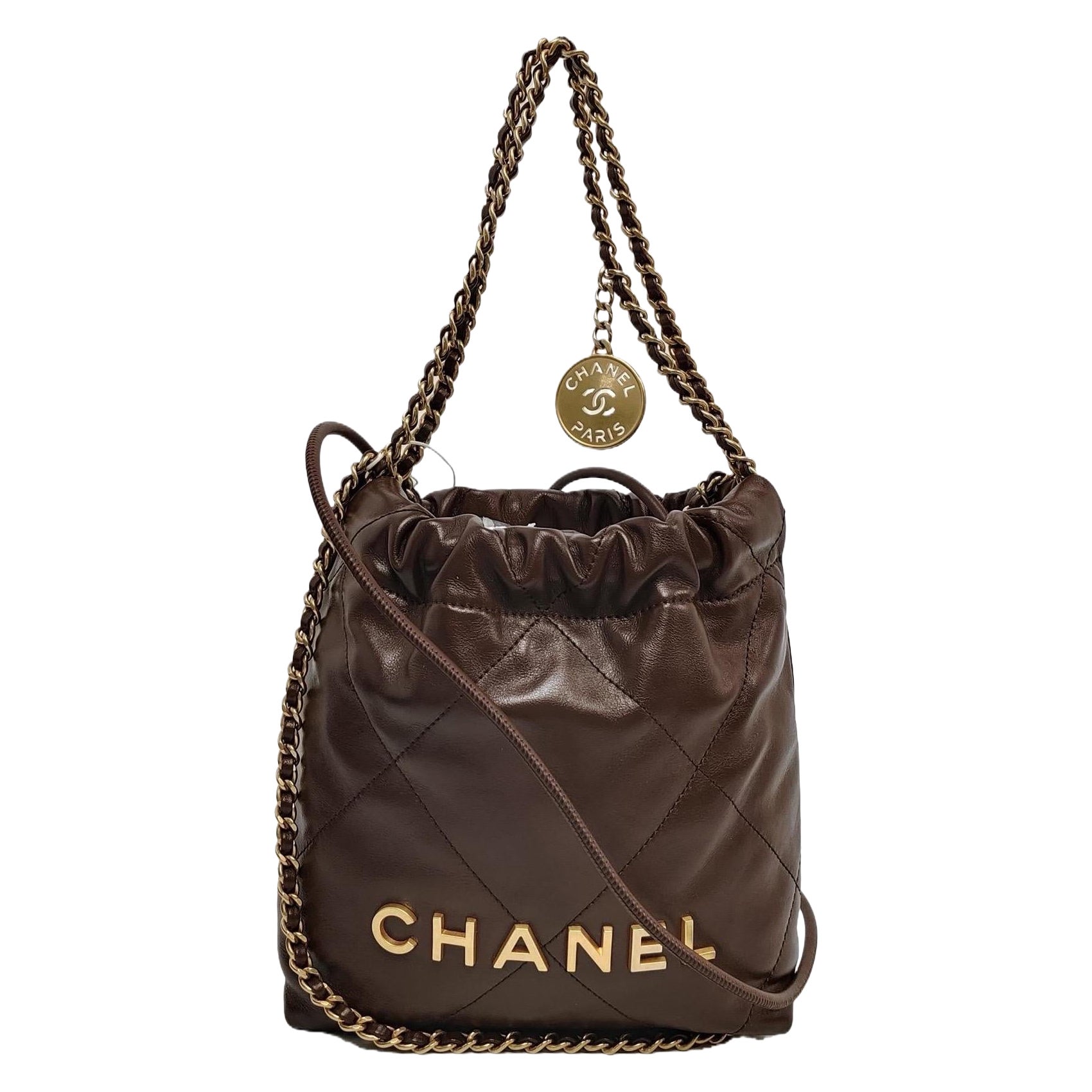 Chanel 22 Hobo Bag Mini Shiny Calfskin Leather Dark Chocolate Brown with GHW