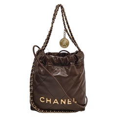 Chanel 22 Hobo Bag Mini Shiny Calfskin Leather Dark Chocolate Brown with GHW