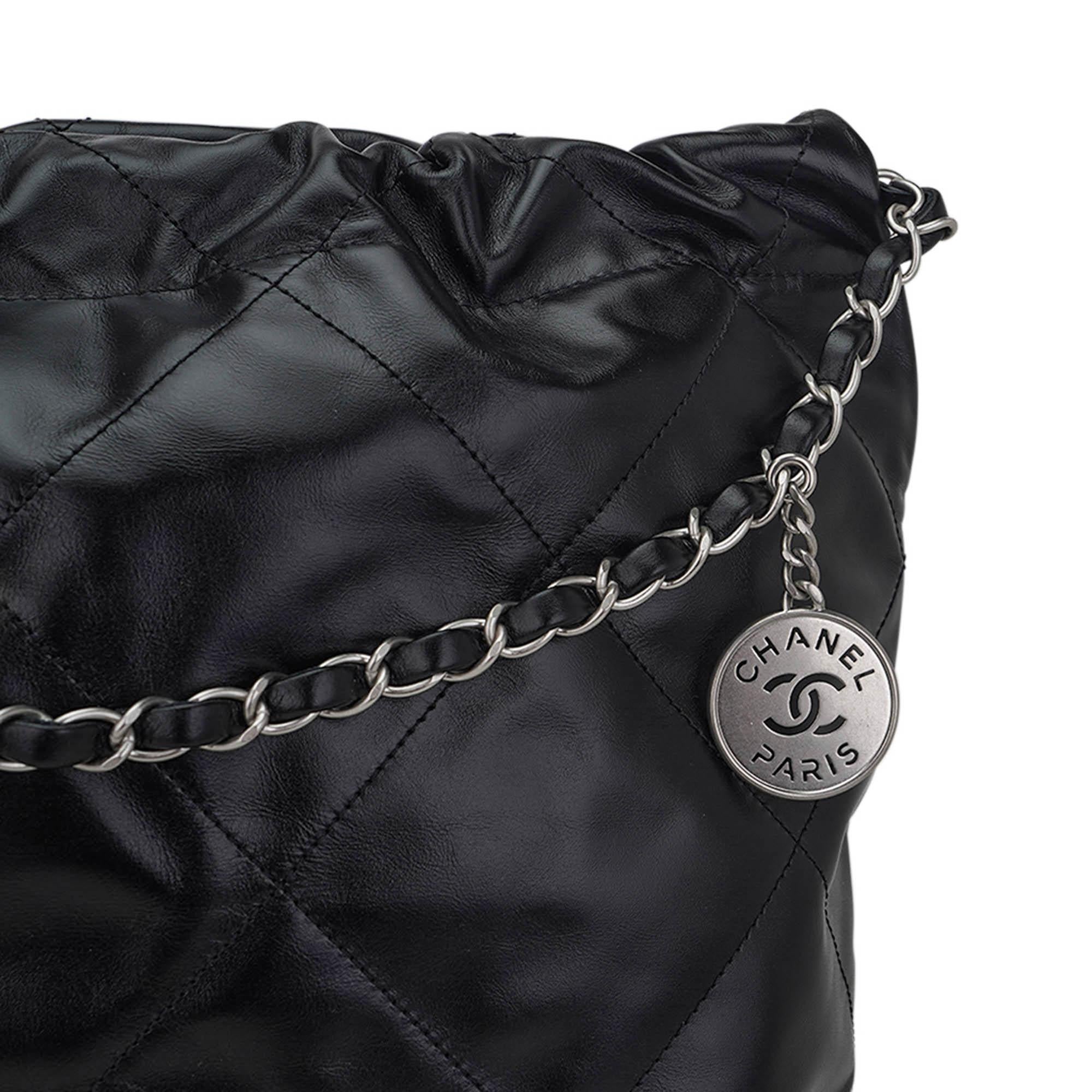 Black Chanel 22 Tote Quilted Diamond Stitched Hobo Bag with Brushed Silver Hardware For Sale