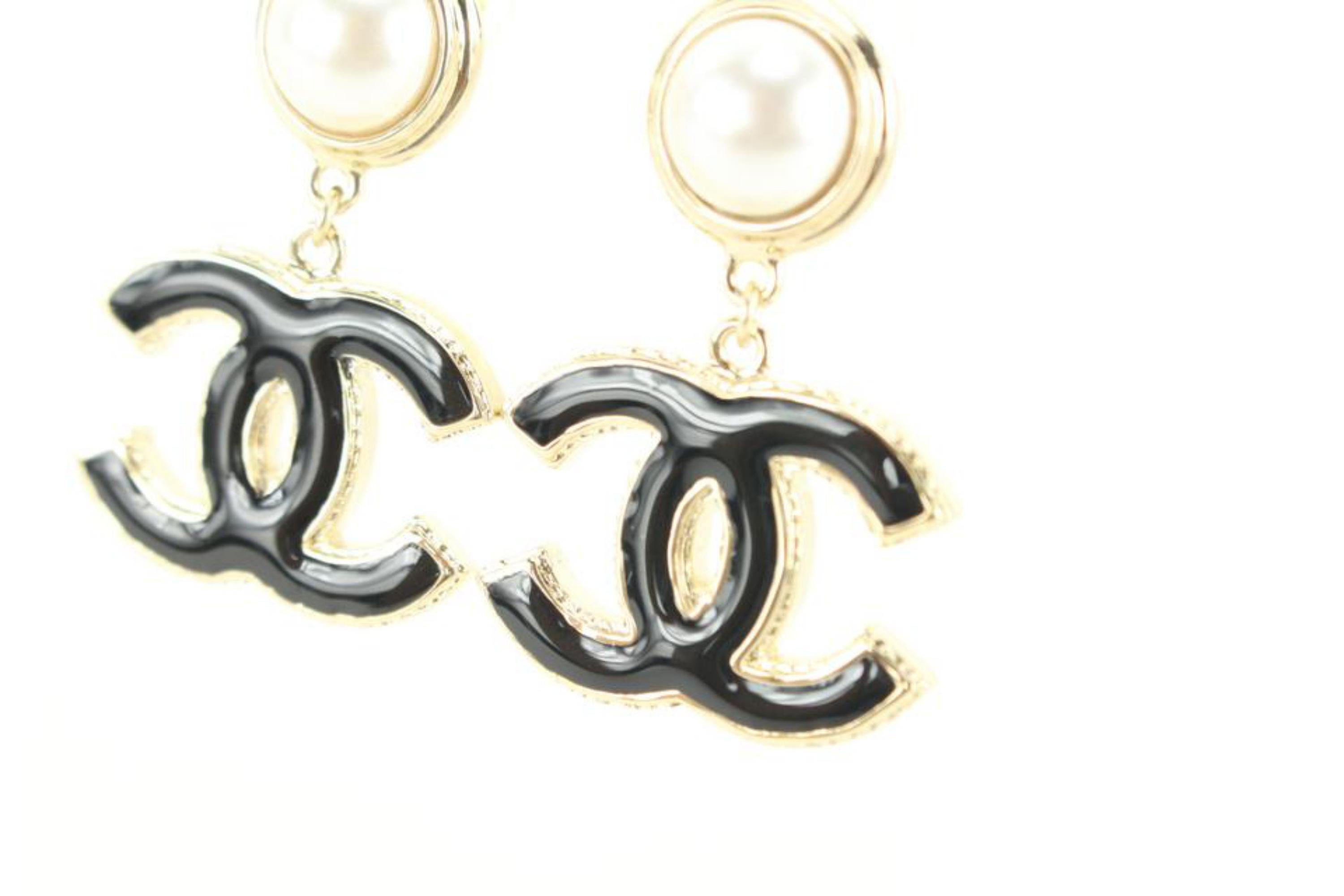 Chanel 22a Black x Gold Jumbo CC Pearl Dangle Drop Earrings Pierce70ck615s 4