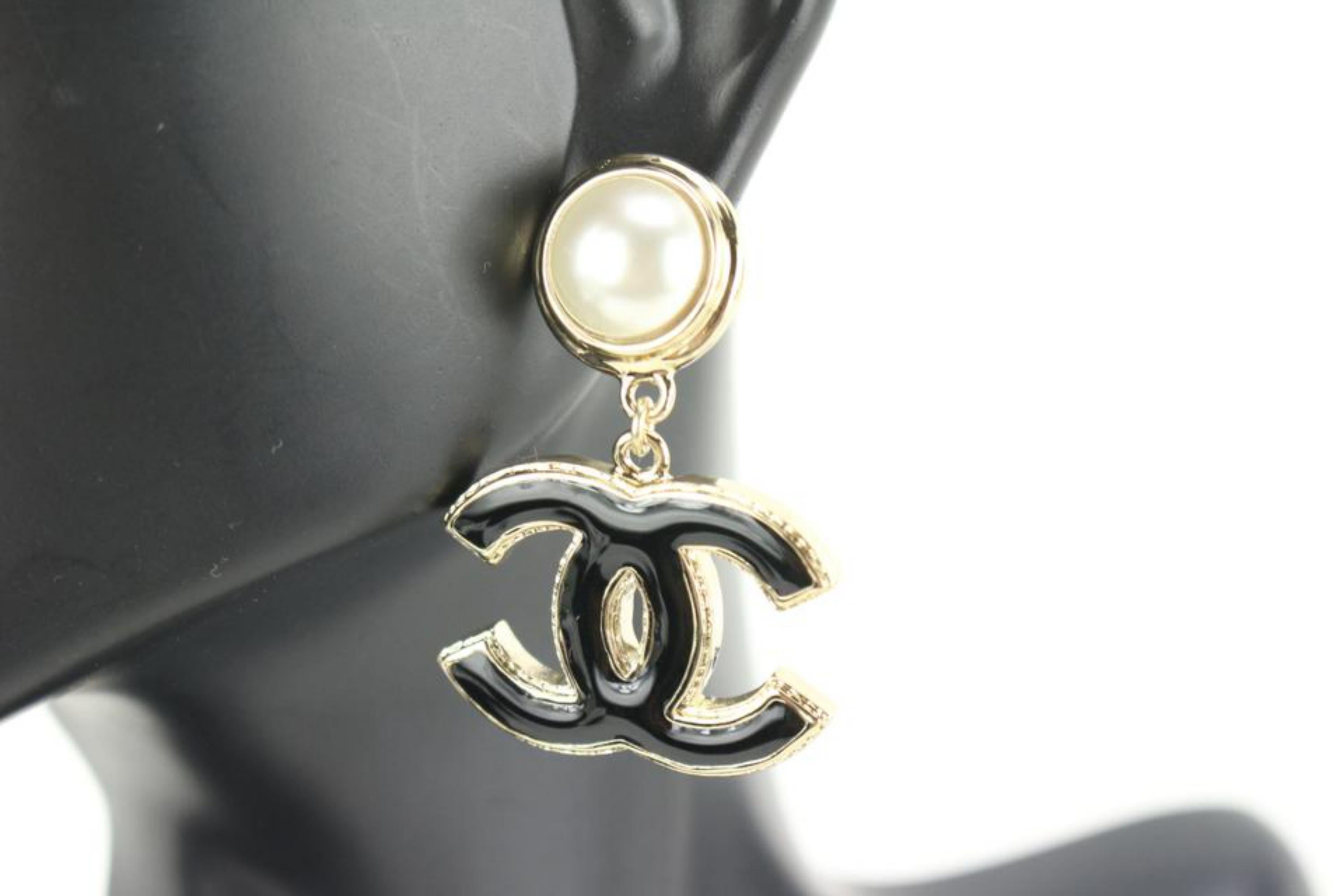 Chanel 22a Black x Gold Jumbo CC Pearl Dangle Drop Earrings Pierce70ck615s 5