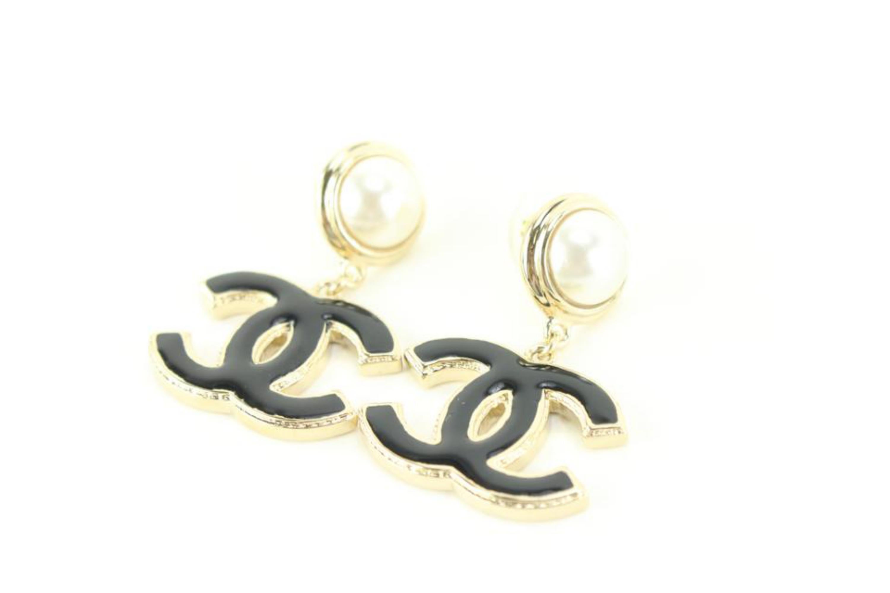Gray Chanel 22a Black x Gold Jumbo CC Pearl Dangle Drop Earrings Pierce70ck615s