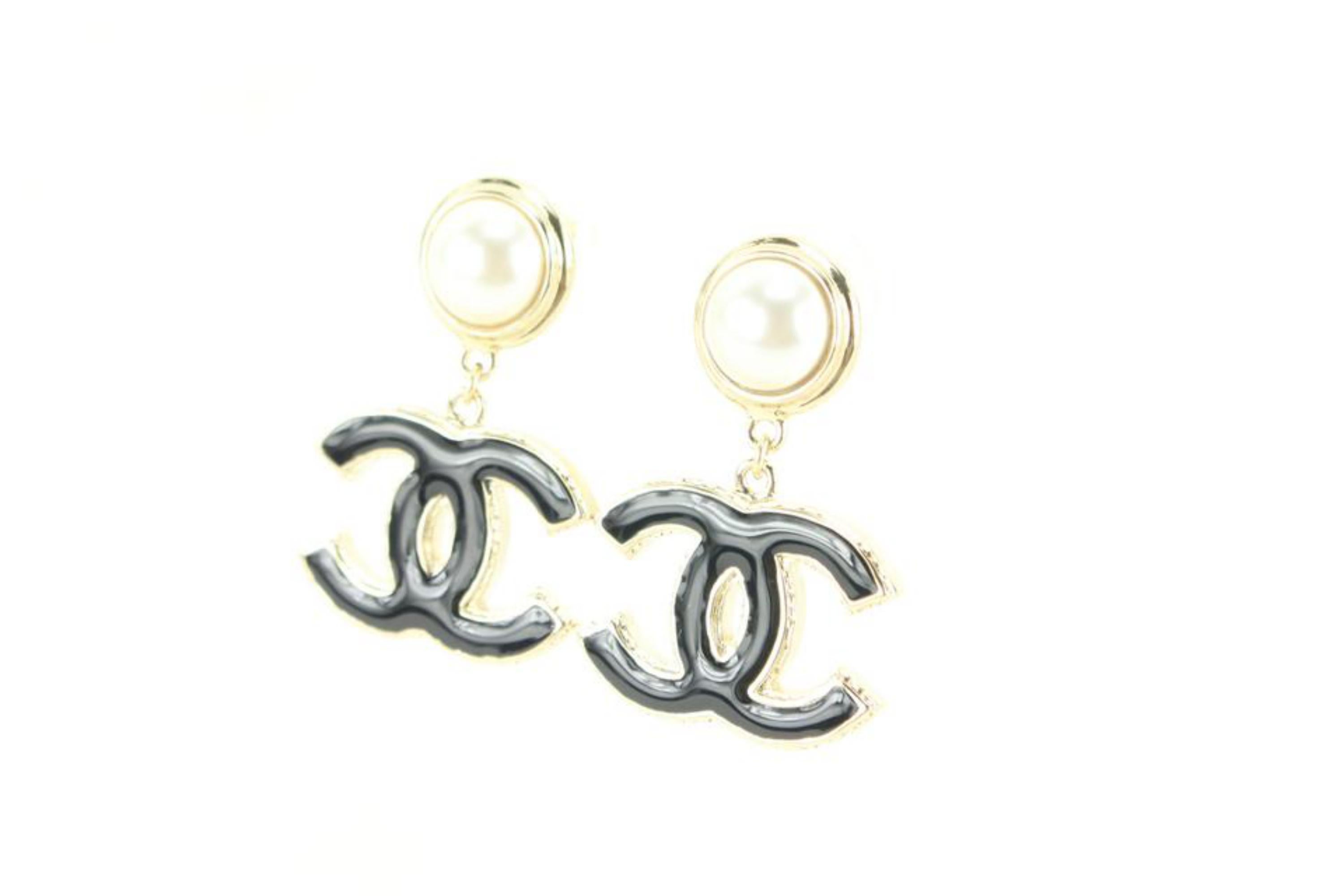 Women's Chanel 22a Black x Gold Jumbo CC Pearl Dangle Drop Earrings Pierce70ck615s
