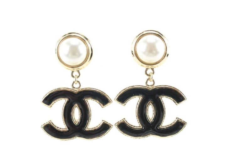 Chanel 22A Gold x Pearl x Black Large Drop CC Earrings 84ck629s at