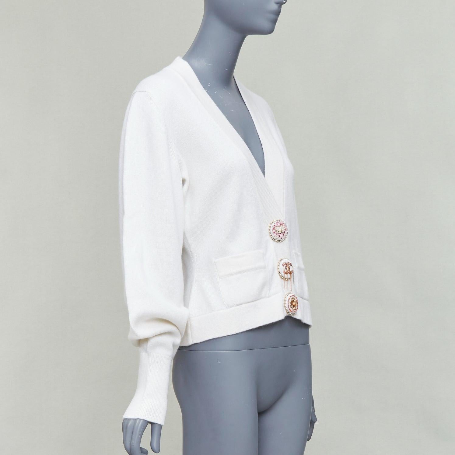 Gray CHANEL 22A off white cashmere blend pink CC crystal buttons cardigan FR38 M For Sale