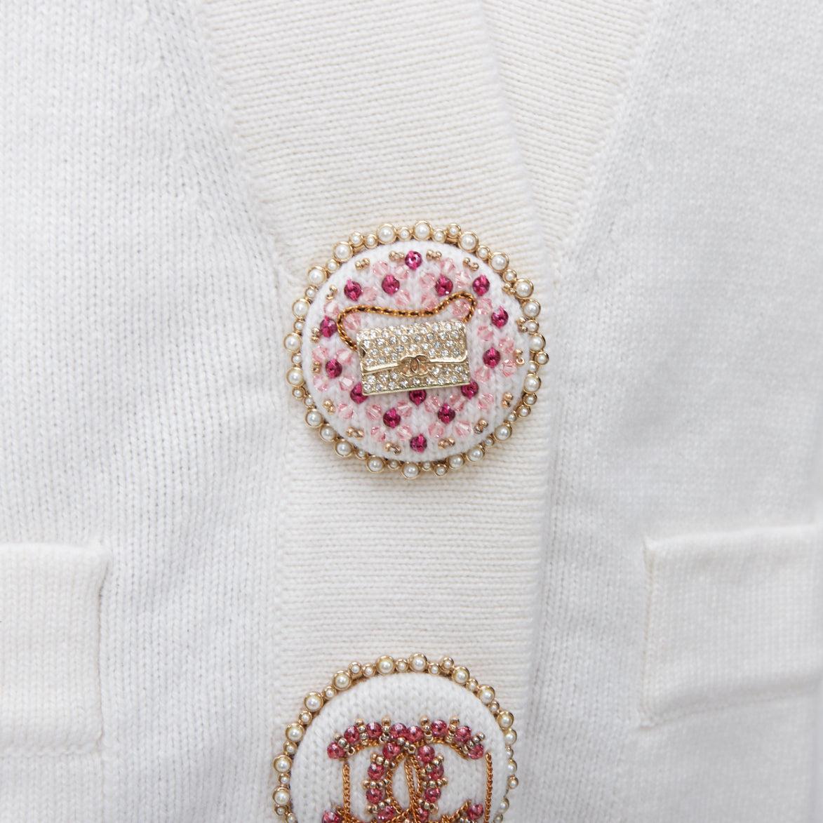 CHANEL 22A off white cashmere blend pink CC crystal buttons cardigan FR38 M For Sale 2