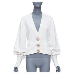 CHANEL 22A off white cashmere blend pink CC crystal buttons cardigan FR38 M