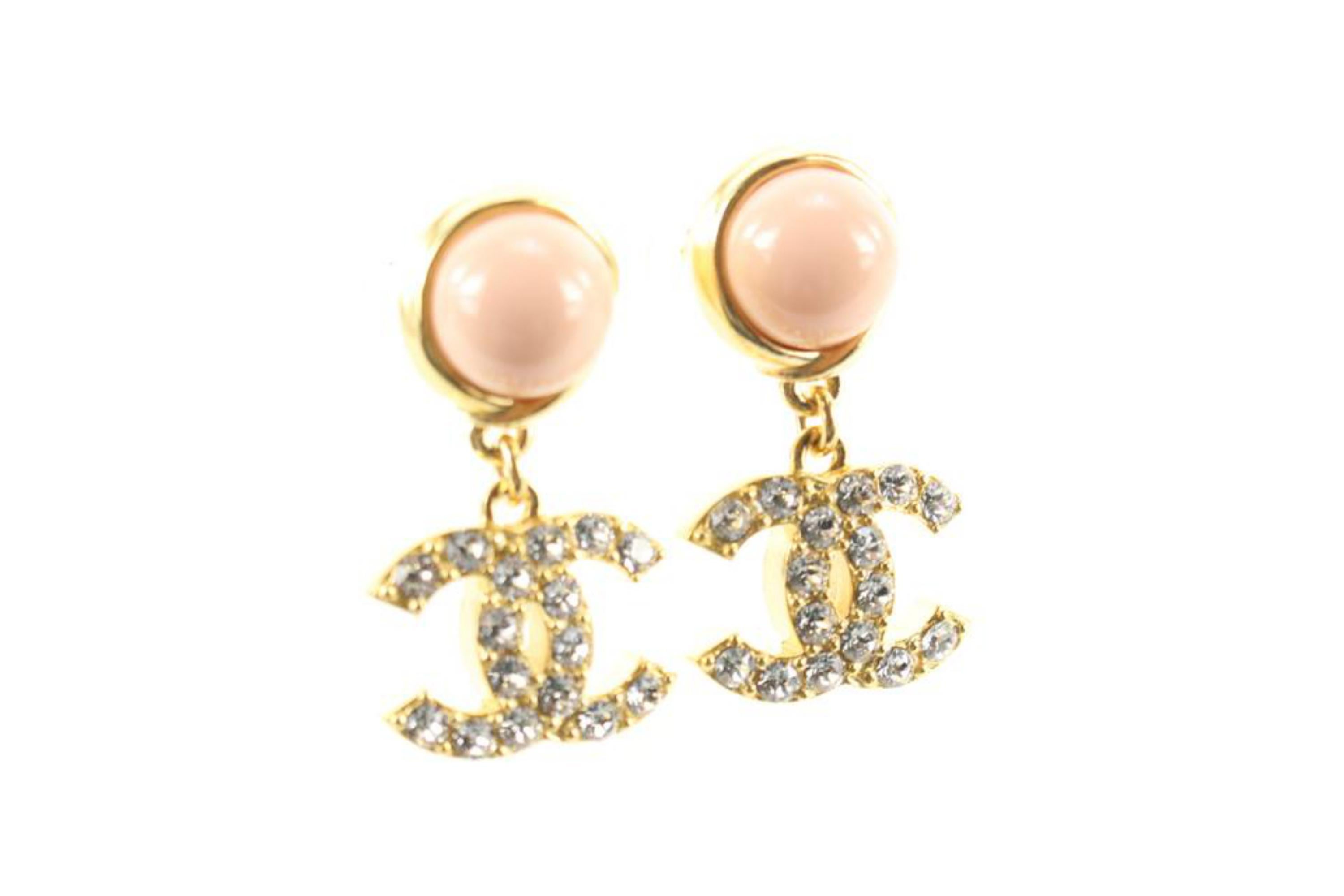 Chanel 22A Peach x Gold Crystal Drop CC Pierce Earrings 82ch629s In New Condition In Dix hills, NY