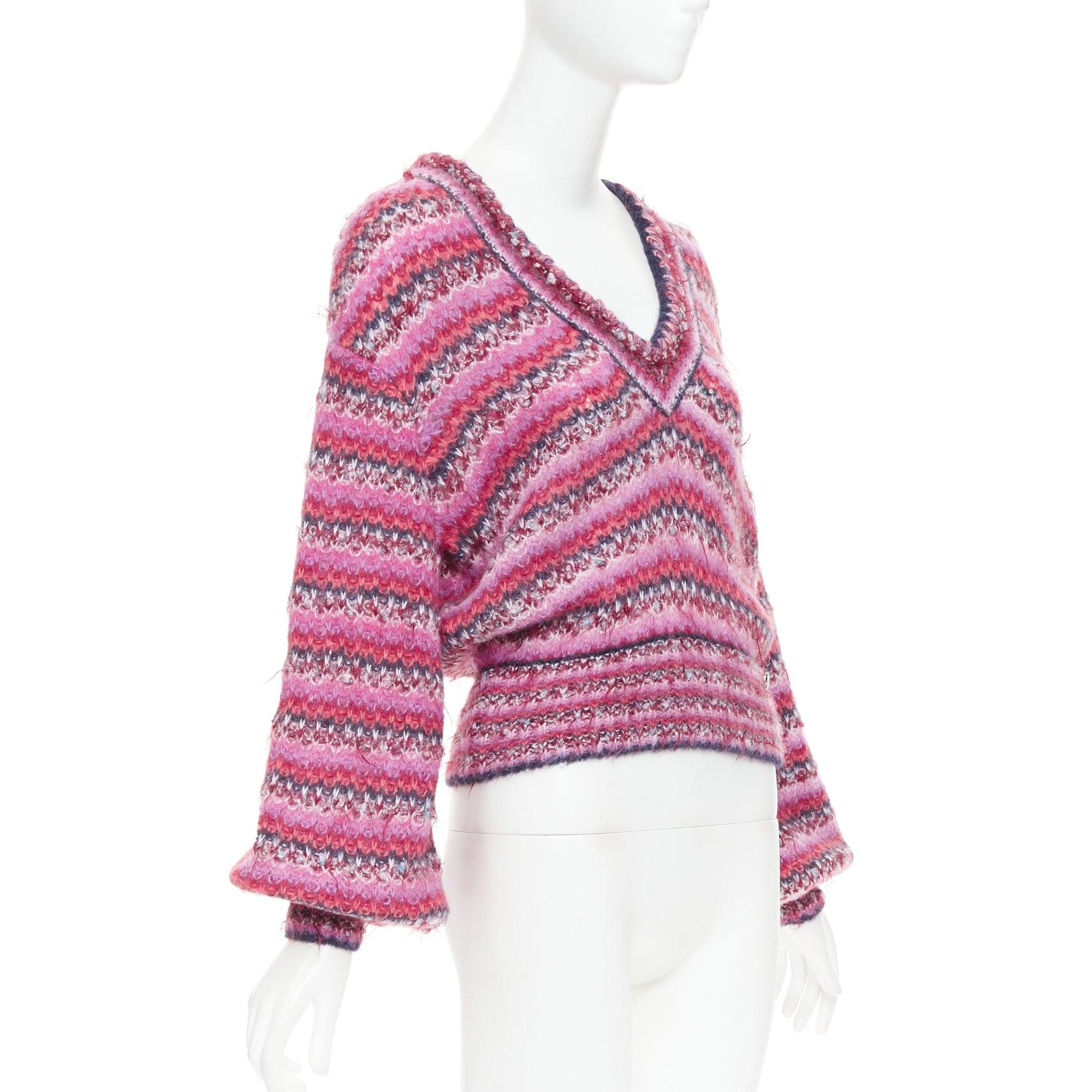 Pink CHANEL 22A pink alpaca blend striped loose knit Vneck CC logo sweater FR38 M For Sale