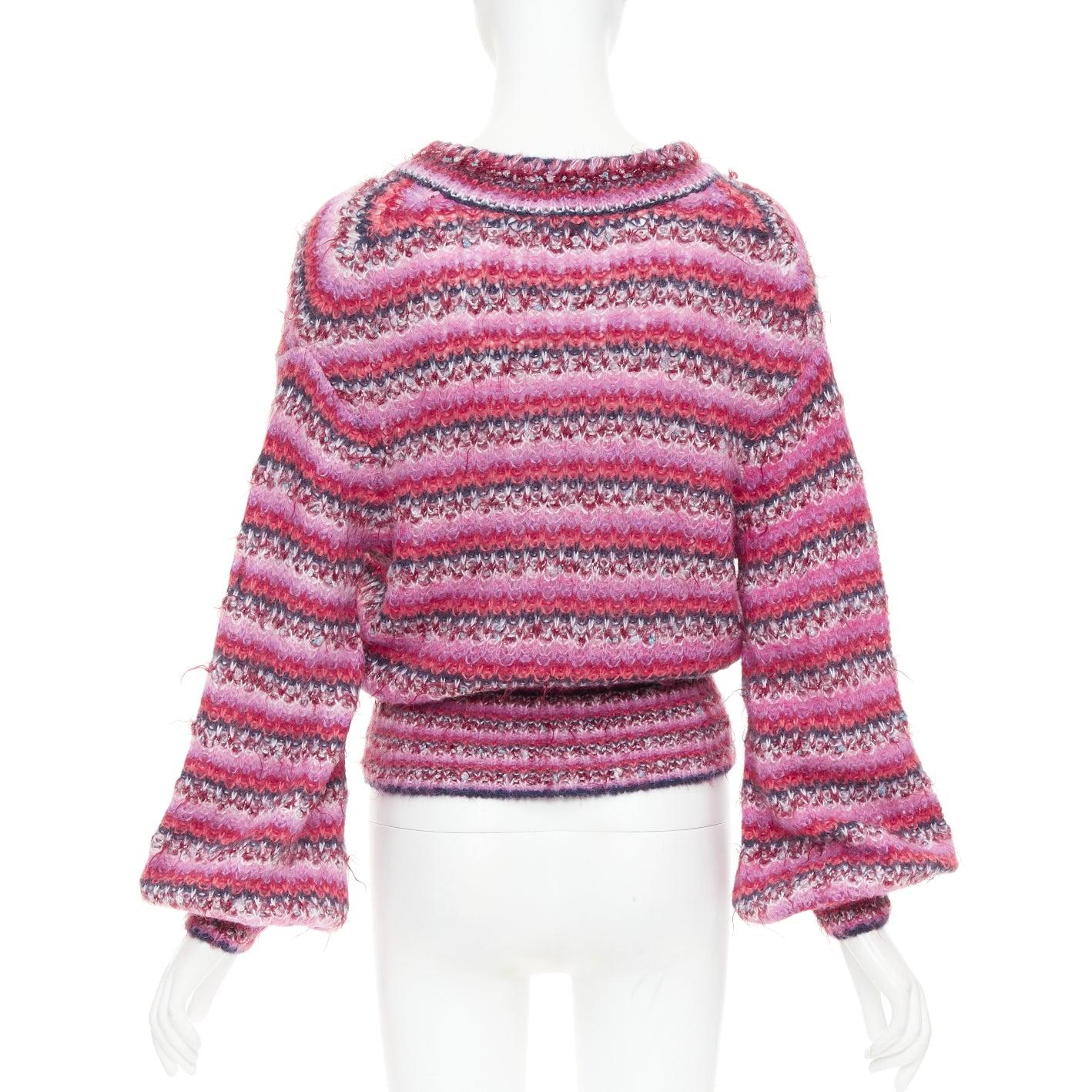 Women's CHANEL 22A pink alpaca blend striped loose knit Vneck CC logo sweater FR38 M For Sale