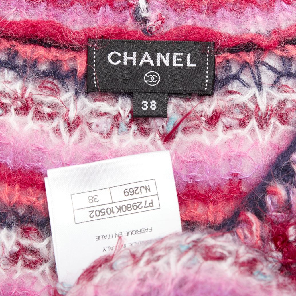 CHANEL 22A pink alpaca blend striped loose knit Vneck CC logo sweater FR38 M For Sale 3