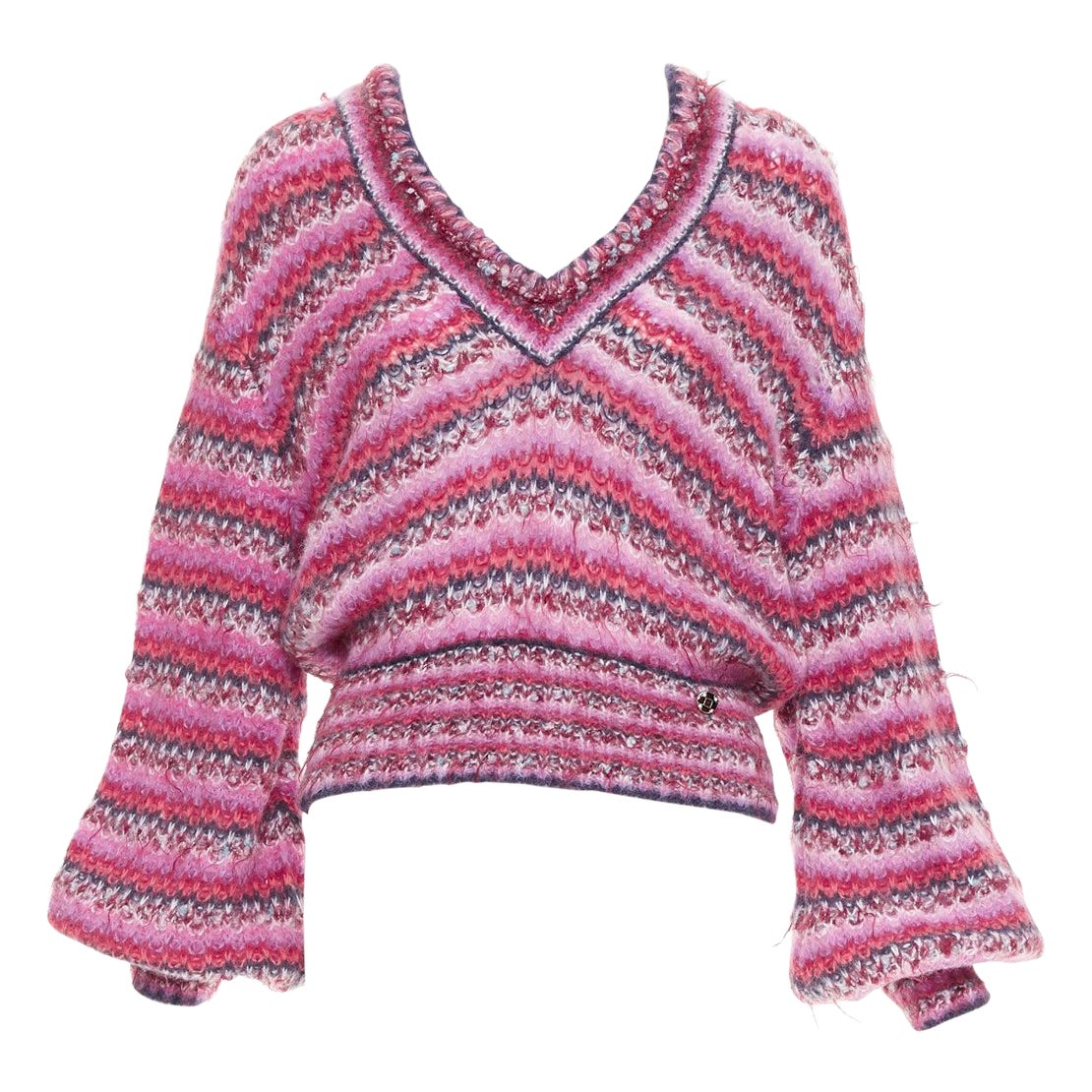 CHANEL 22A rosa Alpaka-Mischung gestreiftes lockeres Strickstück mit V-Ausschnitt und CC-Logo Pullover FR38 M