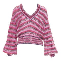 CHANEL 22A pink alpaca blend striped loose knit Vneck CC logo sweater FR38 M
