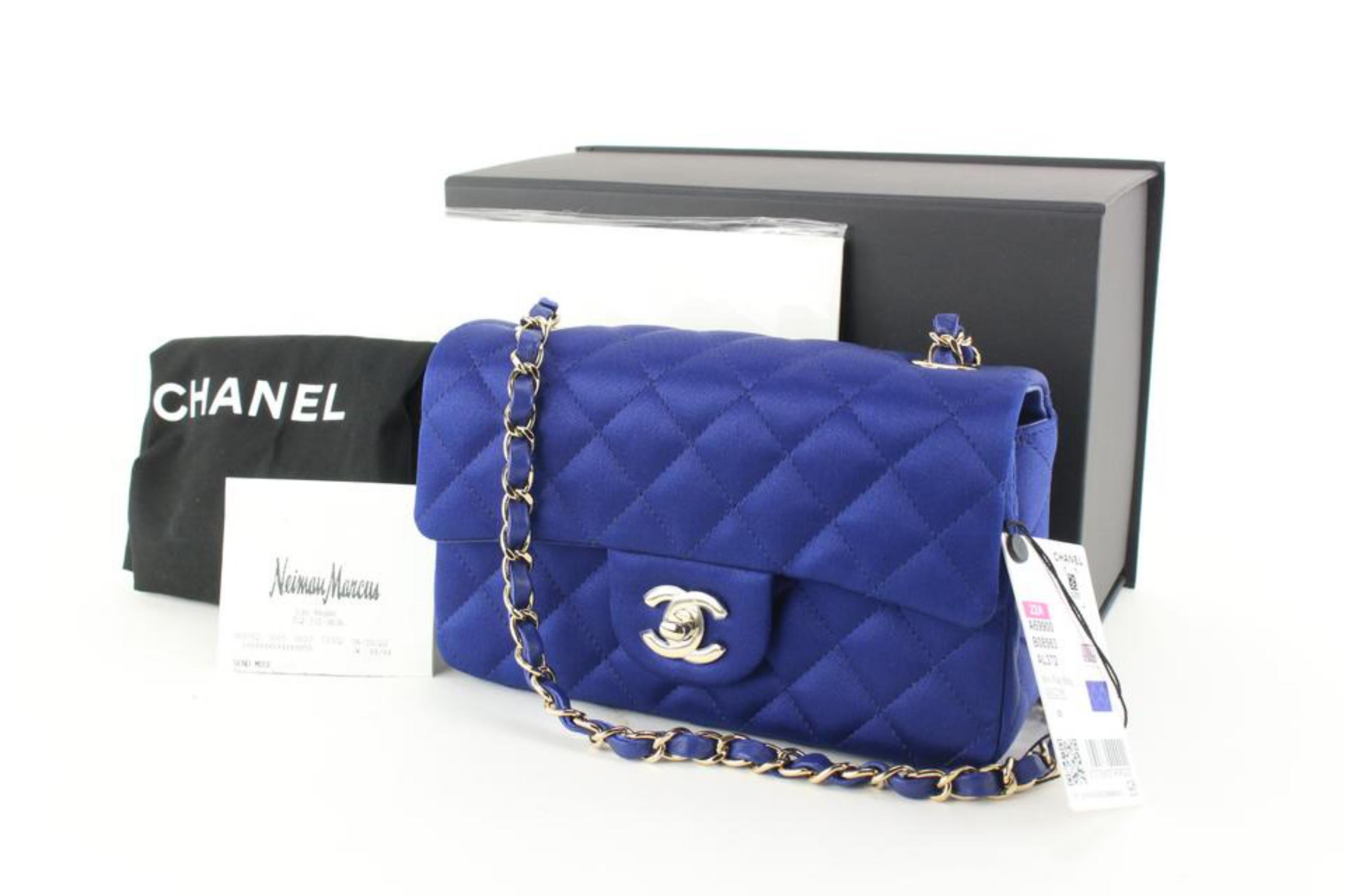 Chanel 22A Rare Blue Quilted Satin Mini Classic Flap GHW 6ck616s 1