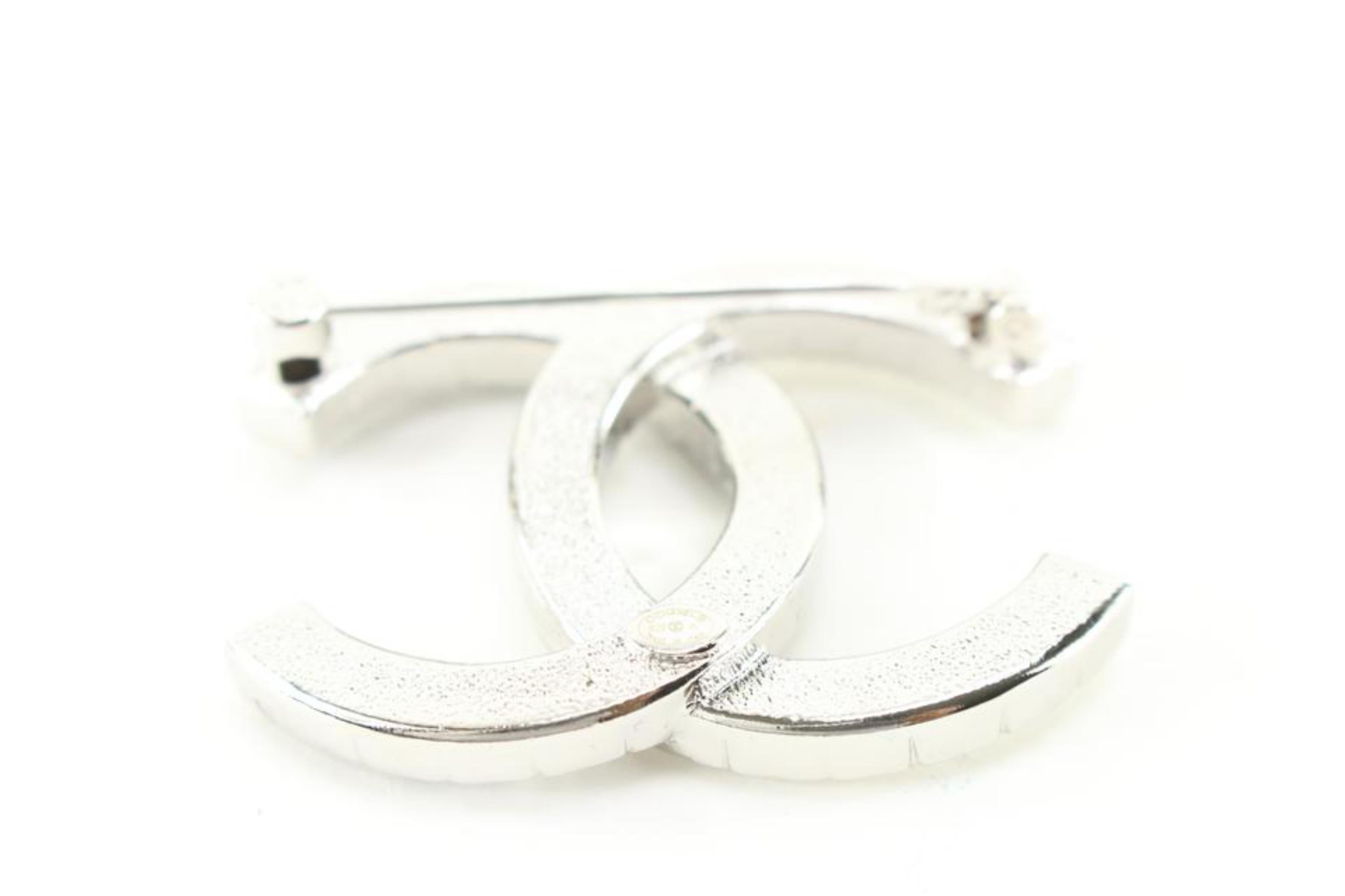 Gray Chanel 22A Silver x Crystal x Black CC Logo Brooch Pin 98ch630s