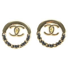 Chanel 22B Black Gold Chain CC Circle Earring Pierced 4CJ1229